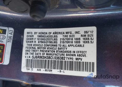 2012 Honda Cr-V Lx from USA, damaged, VIN 5J6RM3H38CL036382